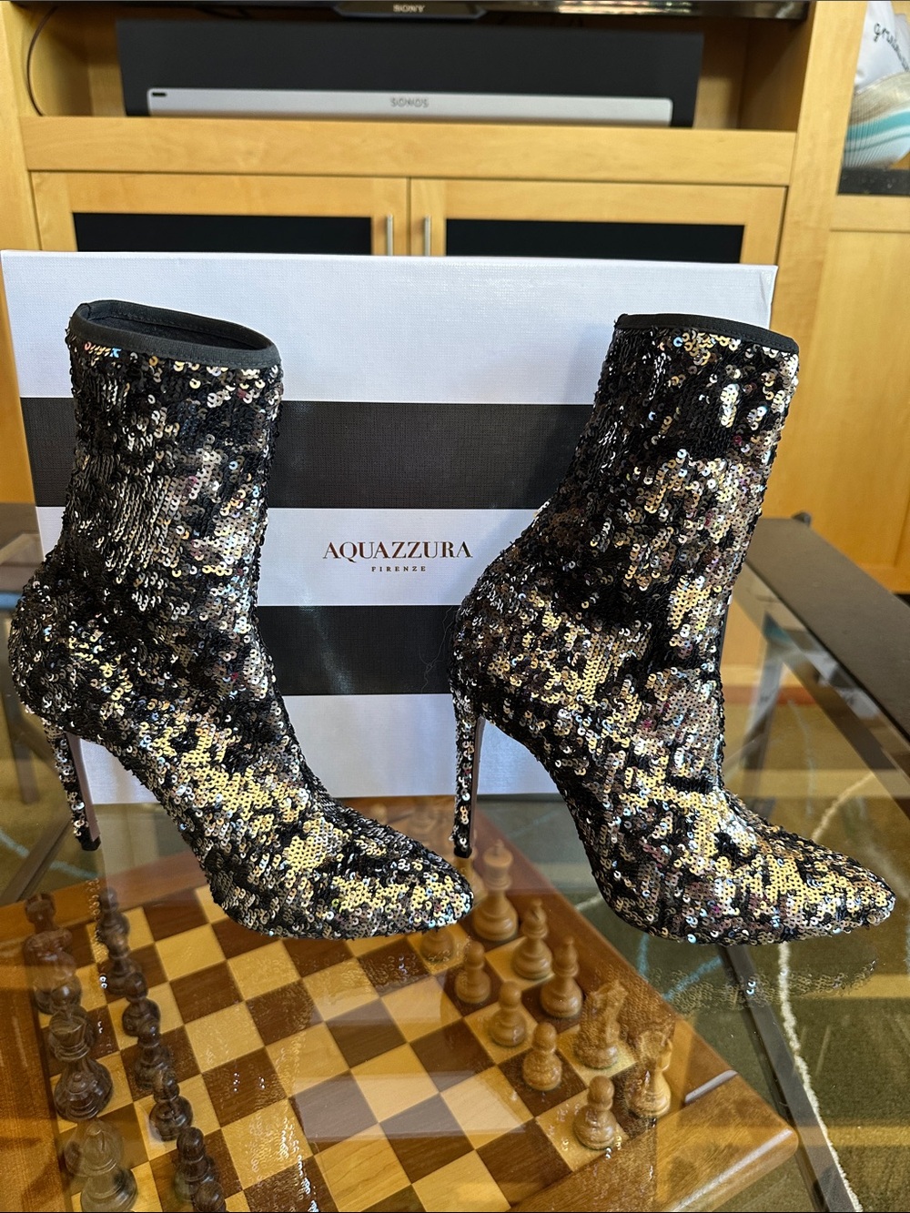 Aquazzura Black and Silver Sequin Stiletto Ankle Boots